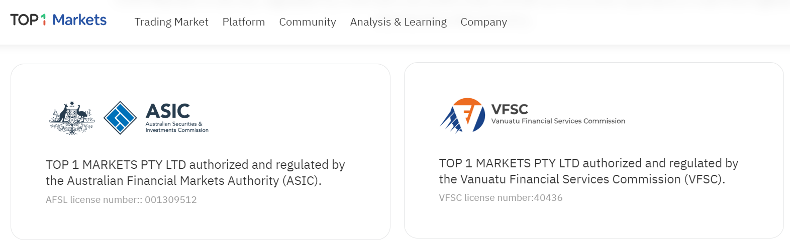 Top1 Markets ใบอนุญาต ASIC